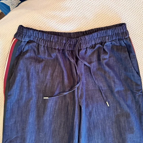 ZARA Blue Denim Wide Leg Drawstring Pull-on Pants w Red Side Stripe - Picture 4 of 9